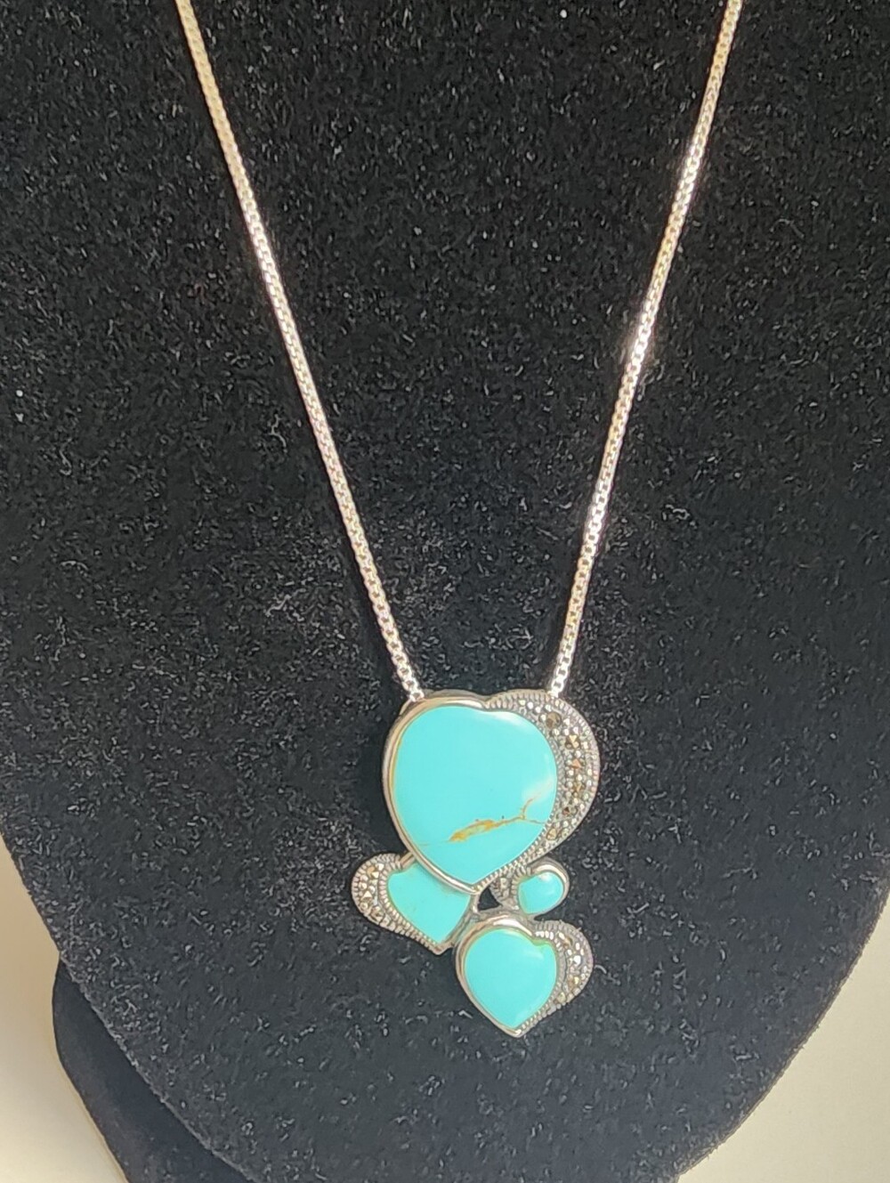 Vintage 90s Sterling Silver Turquoise Marcasite  Heart Pendant Necklace 18"